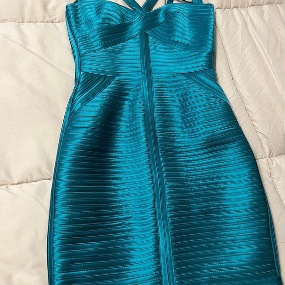 BCBGMaxAzria Blue Mini Bodycon Dress with Ribbed Bustier and Spaghetti Straps - Picture 2 of 8